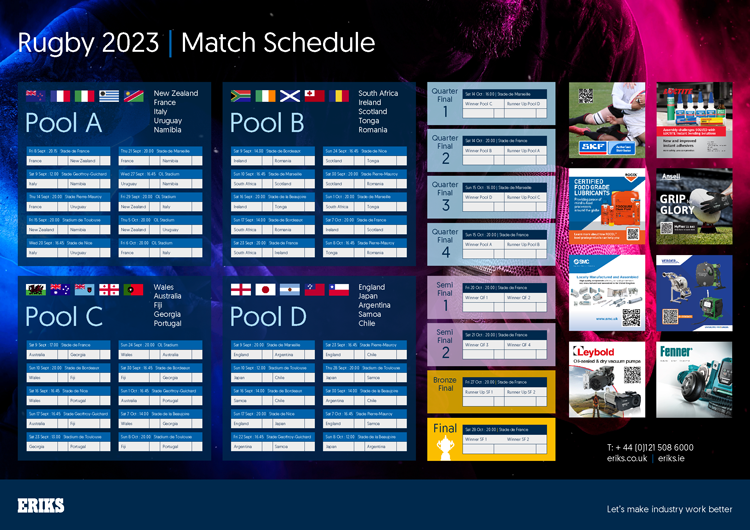 Rugby World Cup 2023 Wall Chart with a pink, blue and black background, boxes to fill in the results and a white text header saying 'Rugby World Cup 2023 Match Schedule'