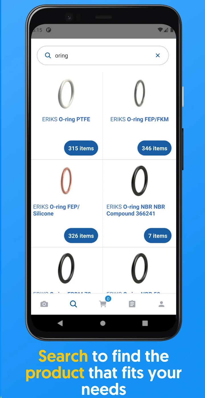 ERIKS App screenshot with a phone showing O-RING PRODUCTS