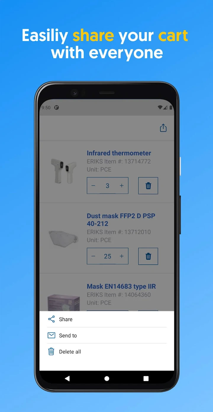 ERIKS App screenshot with a phone showing products and the text saying Easily Share Your Cast With Everyone
