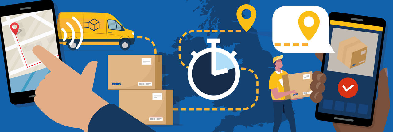 Track and trace designed icons showing delivery vans, parcels, a stop clock, the UK map in the background and phones held in one hand and another hand pointing at the delivery route on a screen