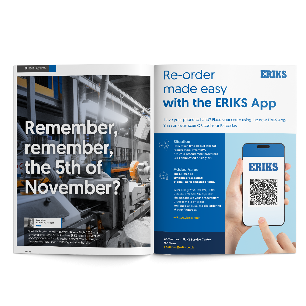 Know+How Magazine Clean Environments (Issue 48) open magazine with one advert titled 'remember, remember the 5th of November?' and th eother page shows an advert for the new ERIKS App to help make ordering easy with an image of a phone