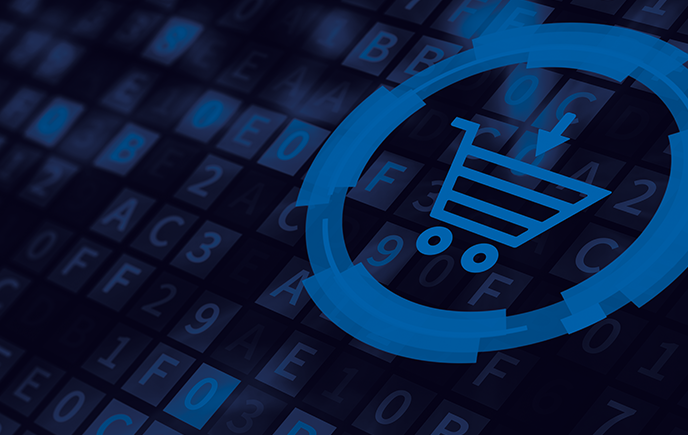 Online shopping trolley logo on a background of data