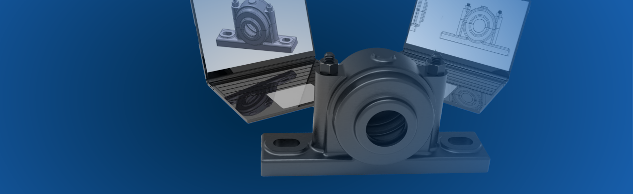 Blue background with a housed bearing unit and two laptop screens showing drawings and a link showing it's smart and can be monitored digitally