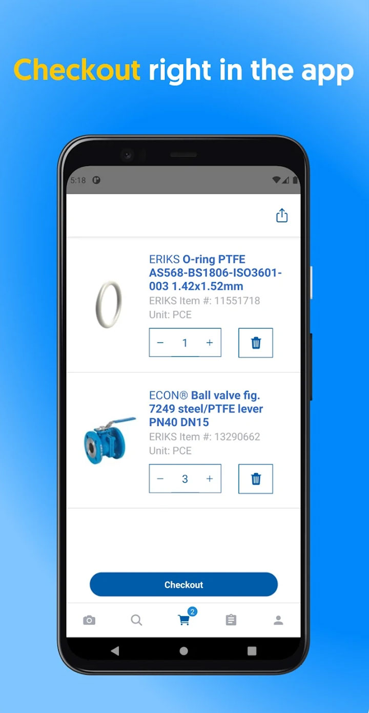 ERIKS App screenshot with a phone showing products